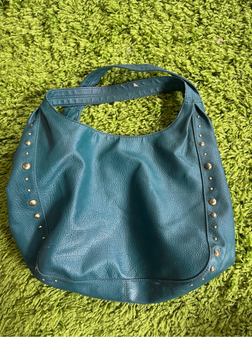 Teal Pebbled Leather Hobo Bag with Stud Accents